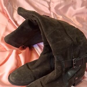 Dark Brown Suede Boots with Buckle Detail